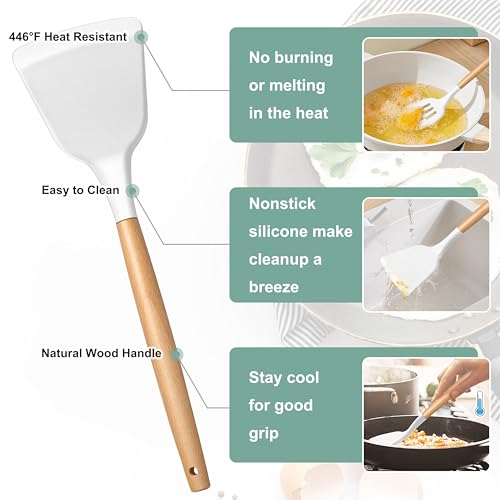 E-far Silicone Cooking Utensils Set, 446℉ Heat Resistant 10PCS Kitchen Utensils Set with Wooden Handle for Nonstick Cookware, Kitchen Tools Spatula Whisk Tongs Ladle, Non-toxic & Healthy, White - color: White, size: 10