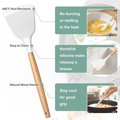E-far Silicone Cooking Utensils Set, 446℉ Heat Resistant 10PCS Kitchen Utensils Set with Wooden Handle for Nonstick Cookware, Kitchen Tools Spatula Whisk Tongs Ladle, Non-toxic & Healthy, White - color: White, size: 10
