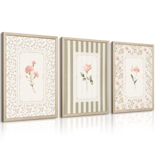 Pink Green Floral Wall Art Decor Girls Room Posters Nursery Flower Pictures Pink Green Floral Canvas Prints Aesthetic Rose Painting Shabby Chic Artwork for Bathroom Bedroom 12x16 Inch Framed 3Pcs - color: Sage Botanical Art, size: 12''x16'' Framed