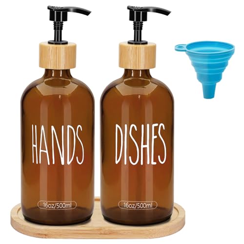 2 Pack 16 Oz Glass Soap Dispenser Set with Tray, Hand Dish Soap Dispenser Set for Bathroom and Kitchen Bottle Dispenser with Dish Soap, Hand Soap, Lotion (Amber（Hands） Amber (Dishes)) - color: Amber（hands） Amber (Dishes)