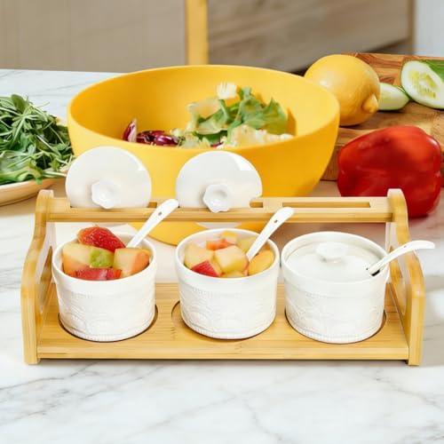 10 Pack Sauce Serving Dish with Spoons and Lids, 5 Oz | Ceramic Chip Dip Sauce Bowls with Bamboo Tray, 3 Condiment Seasoning Jars Salt Sugar Container for Snacks, Appetizers