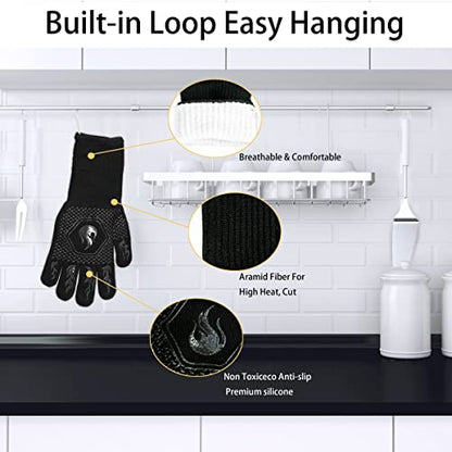 BBQ Gloves 1472F Heat Resistant Non-Slip Silicone 13.5in (Black) | Grill Cut-Resistant, Oven Kitchen Safe for Barbecue, Cooking, Frying - color: Black