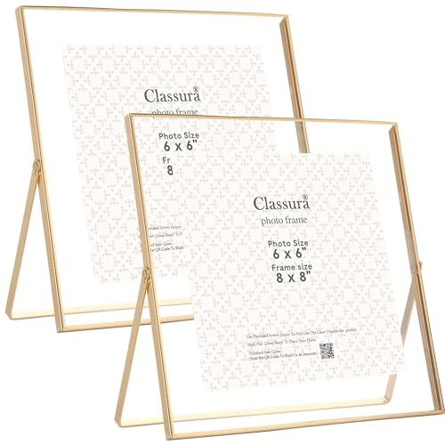 Gold 8x8'' Square Floating Frame Set of 2,For Photo Sizes (5x5''& 6x6''),Beautiful Metal Beaded Edge Frames Adjustable Tabletop/Shelf Photo Frame,Classy Gift Choice for Wedding,Chritmas - color: Gold, size: 8x8'' (2PK)