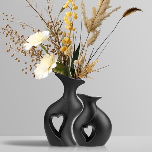 Heart Ceramic Vase Set of 2, Black Flower Vases for Lovers, Modern Minimalist Vases for Home Decor or Gift - color: Black