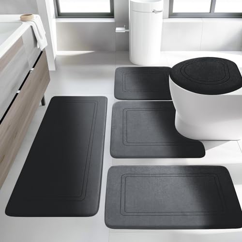 Black Memory Foam Bath Mat Set, 5-Piece Non-Slip Absorbent Bath Rugs for Bathroom Floor, Quick-Dry Washable - color: Black, size: 5pieces