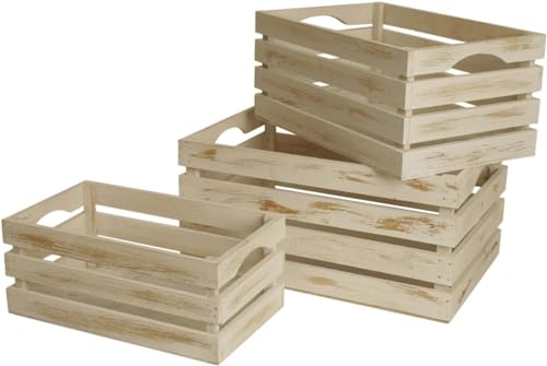 wald imports - Set of 3 White Washed Wooden Crates for Storage - Decorative Wooden Crate Set for Home Decoration & Display - Vintage Storage for Household Goods - color: White, Wood
