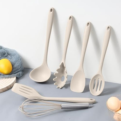 LIANYU 14 Pcs Silicone Cooking Utensils Set with Holder, Khaki | Kitchen Utensils Set for Non-Stick Cookware, 446°F Heat Resistant Cooking Tools with Comfort Grip Handle, Dishwasher safe - color: Khaki