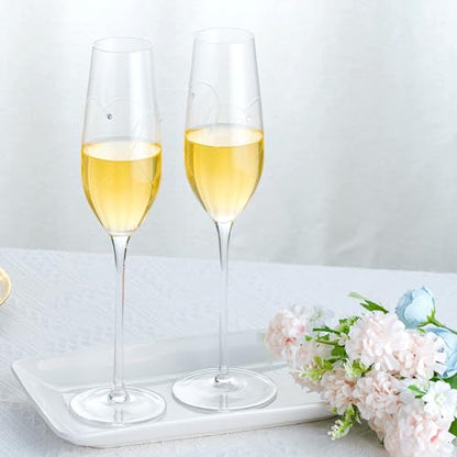 Champagne Glasses, Wedding Champagne Flutes Set of 2 | Mr and Mrs Champagne Flutes, Engraved Love Heart Design Embellished Wedding Champagne Glasses for Bride Shower Gifts