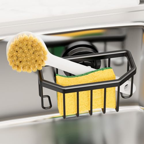 TAILI Sponge Holder for Kitchen Sink with Strong Suction Cup-Black | Removable Sink Caddy for Kitchen Sink Oganizer, Rustproof Aluminum Sink Sponge Holder for Scraper Brushes, Stoppers - color: Black, size: 6.1" x 3.5"