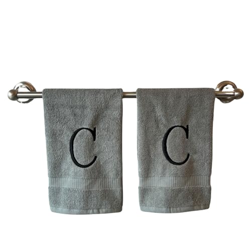 Gray with Black Monogrammed Hand Towels for Bathroom - Set of 2 Letter C | Luxury Hotel Quality Initial Towels For Powder Room, Spa, GOTS Organic Certified - color: Gray With Black, size: Initial C