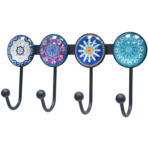 Coat Rack Wall Mounted with 4 Hooks, Round Blue Pattern Decorative Wall Hooks for Hanging Hat, Key, Towel, Purse, Bag and Robe, for Entryway Bathroom Organizer Hanger - color: Blue