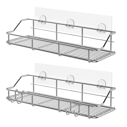 KESOL Adhesive Shower Caddy, Shower Shelf Organizer, SUS304, 2 Pack, Silver | Bathroom Organization with Hooks, Stainless Steel shower shelves - color: Silver