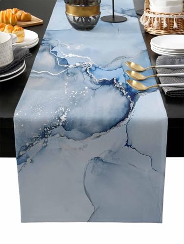Marble Table Runner 72 Inches Long - Ombre Blue Marble Grey Farmhouse Modern Kitchen Dining Burlap & Cotton Tablerunner for Small/Round/Square/Coffee/Dining Table Party Home Dﾃｩcor 18x72 - size: 18 x 72 In