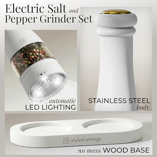 Styled Settings Electric Salt and Pepper Grinder Set, White | Automatic White and Gold Electric Salt and Pepper Shakers with Wood Base, LED Light, Battery Operated, Adjustable Coarseness - color: White