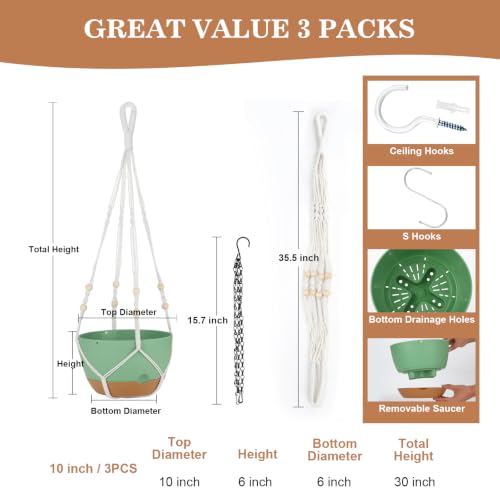 Self Watering Hanging Planter, 3 Pack 10 Inch Macrame Plant Hanger with Flower Pot, Metal Chain, S & Ceiling Hooks, Drainage Holes, Removable Saucer, Hanging Basket for Indoor Outdoor Plants - Green - color: Green