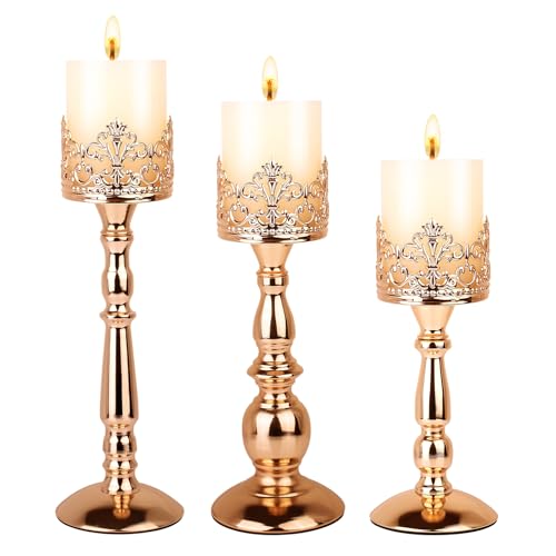 Candle Holders for Pillar Candles Set of 3 Gold Vintage Tall Candle Holders Decorative Large Table Centerpieces Candle Stand Decor - color: Gold