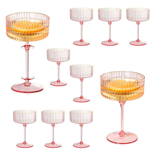 XUWAIDSGN 12 Pcs Champagne Martini Glasses 9 Oz with Gilded Removable Gold Rim Coupe Glasses Pink Martini Glasses Plastic Mimosa Vintage Coupe Glasses Set For Wedding Anniversary (12, Ribbed Pink) - color: Ribbed Pink