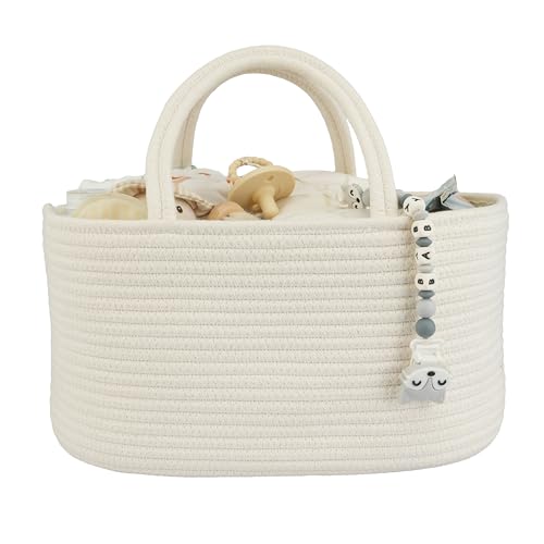 XUANGUO Large Cotton Rope Baby Diaper Caddy Organizer Basket with White | Nursery Storage Bin, Portable Baby Tote Bag for Changing Table or Car, Baby Shower Gifts Bag, Newborn Essentials, Registry - color: White, size: Large