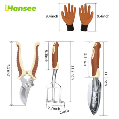 Brown Garden Tool Sets, Aluminum Gardening Hand Tool Kit 4-Piece | Transplant Trowel, Hand Rake, Curved Pruner with Ergonomic Handle, Garden Gloves, Gardening Gift for Men Women Plant Lover - color: brown-4pcs