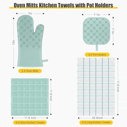 Oven Mitts Kitchen Towels Dishcloths with Pot Holders Sets 12PCS,Dish Towels Sets,Oven Gloves Pot Pads Heat Resistant 500 Degrees with Non-Slip Silicone Surface for Cooking Baking Grilling-Mint Green - color: Mint Green