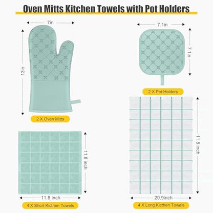 Oven Mitts Kitchen Towels Dishcloths with Pot Holders Sets 12PCS,Dish Towels Sets,Oven Gloves Pot Pads Heat Resistant 500 Degrees with Non-Slip Silicone Surface for Cooking Baking Grilling-Mint Green - color: Mint Green