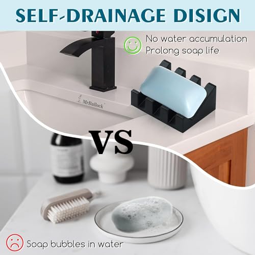 Silicone Soap Dish Self Draining with Suction Cups (Black, 2 Pack) | Waterfall drainage design drains fast to keep soap dry silicone soap saver with reusable suction cups for bathroom & kitchen - color: Black, size: 2