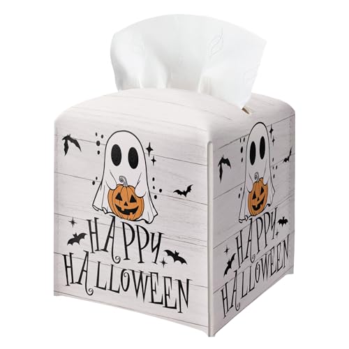 Happy Halloween Tissue Box Holder, Ghost Pumpkin Leather Tissue Box Cover Square, Cute Facial Paper Organizer Dispenser Toilet Paper Holder Decor for Bathroom Kitchen Office Home Accessory-A03 - color: White01