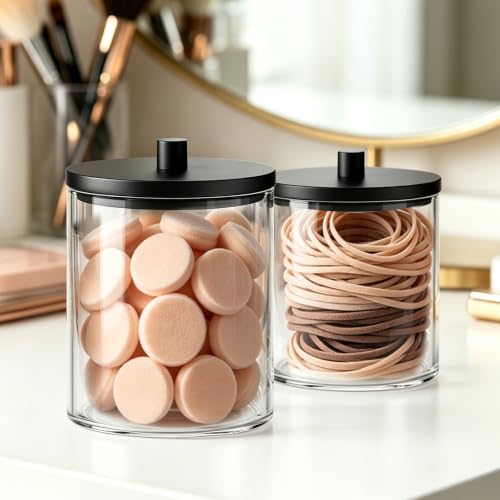BKYFPQ 2 Pack Glass Qtip Holder Dispenser Set - 15oz & 10oz Apothecary Jars with Lids - Vanity Makeup Organizer and Bathroom Canister Storage Organizer for Cotton Ball, Swab, Round Pads,Floss
