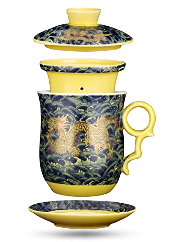 Chinese Tea Cup with Lid, Dragon Pattern, Dark Green, 11.8 fl oz (350ml) | Asian tea cup with lid, dragon pattern, removable infuser, matching saucer, for personal loose-leaf brewing - color: Dark Green