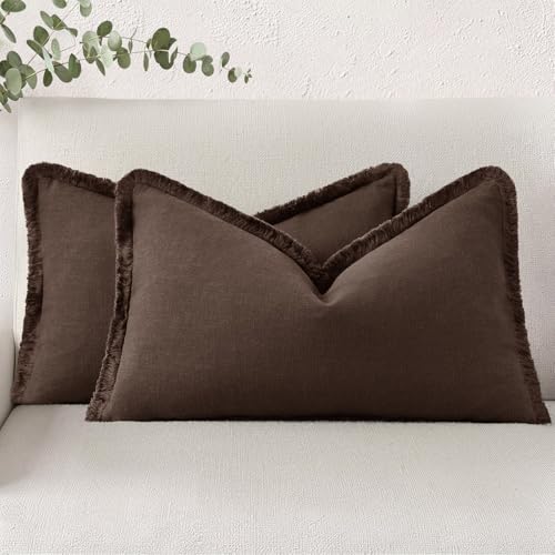 decorUhome Linen Fringe Chocolate Throw Pillow Covers 12x20 Set of 2 | Decorative Soft Accent Modern Boho Farmhouse Lumbar Cushion Covers with Tassels Cotton Pillow Covers for Couch Bed Sofa - color: Chocolate, size: 20" x 12" (Pack of 2)