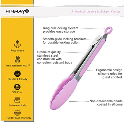 HINMAY Serving Tongs with Silicone Tips 9-Inch Food Tongs, Set of 3 (Pink) - color: Pink