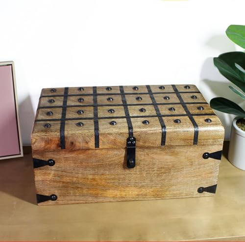 Treasure Chest Wooden Box with Antique Iron Lock and Skeleton Key (X-Large 17x10x7.5) - Storage and Decor – Pirate Wooden Treasure Chest, Decorative Box with Hinged Lid, - size: X-Large 17 x 10 x 7.5"
