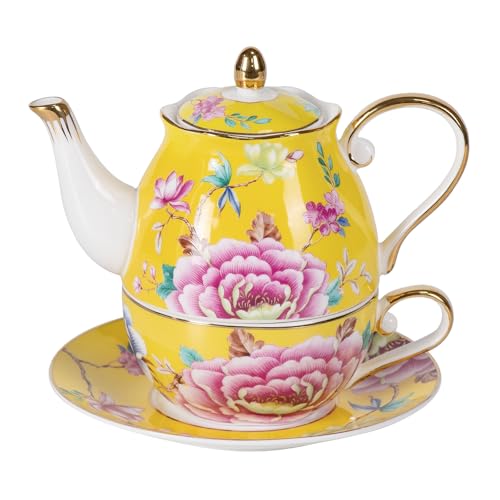 KAMMAK Tea for One Set, Ceramic Teapot, Bone China Tea Set, Cup and Saucer | Yellow, Porcelain Stackable Tea Pot Set with Golden Trim for Coffee and Cappuccino, Ideal for Afternoon Tea and Gifts, GH10 - color: Yellow-GH10