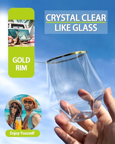 40 Pack Plastic Wine Glasses, 12 Oz Disposable Cocktail Whiskey Glasses | Gold Rimmed Diamond Stemless Champagne Margarita Glasses, Clear Unbreakable Reusable Plastic Cups for Party Wedding Birthday - color: Gold Rim-40 Pack