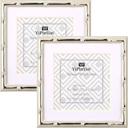 YiPinYin 4x4'' Silver Bamboo Metal Picture Frame with 3x3'' Mat Set of 2, 3x3'' Narrow Elegant Silver Plated Metal Picture Frame with Soft Touch Velvet Mat for Desktop - color: Silver, size: 4x4 Mat 3x3 2PK