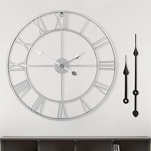 LEIKE 16" Modern Large Wall Clocks,Vintage, Round,Silent Non Ticking,Battery Operated,Silver Metal Roman Numerals Clock for Living Room/Bedroom/Kitchen Decor - color: Silver-roman Number, size: 16 Inch