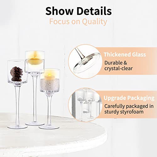 NUPTIO Glass Candle Holders, Set of 3 Stemmed Holders for Floating Candles | Clear Glass Cups, Elegant Long Stem Design, Dinner Table Centerpiece, Wedding Decor, Home Decoration