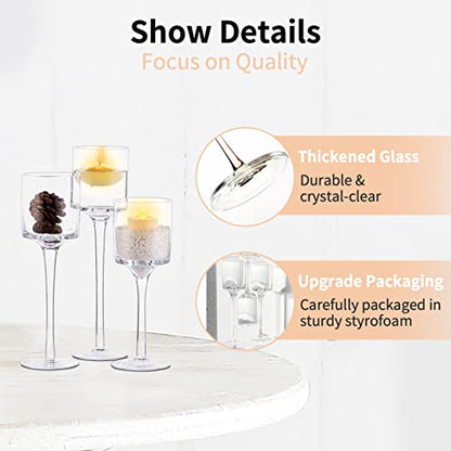 NUPTIO Glass Candle Holders, Set of 3 Stemmed Holders for Floating Candles | Clear Glass Cups, Elegant Long Stem Design, Dinner Table Centerpiece, Wedding Decor, Home Decoration
