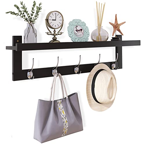 SMIBUY Coat Hooks with Shelf Wall-Mounted, 29.2 Inch Entryway Coat Rack for Wall, Bamboo Hanging Shelf with 5 Double Metal Hooks for Bathroom, Bedroom, Kitchen, Living Room, Mudroom (Black+Silver) - color: Black+Silver