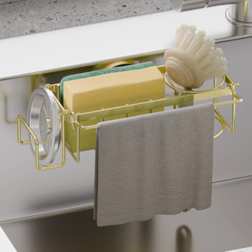 TAILI 4-in-1 Sponge Holder for Kitchen Sink with Strong Suction Cup-Gold | Removable Rustproof 304 Stainless Steel Multi-compartment Sponge Holder with Suction Cup, Keeps Brushes & Scrubbers Tidy - color: Gold, size: 7.28" x 2.36"