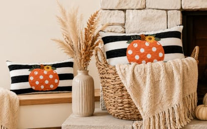 Embroidery Fall Pumpkin Pillow Covers Set of 2(Black & White,12x20) | Soft chenille, black-and-white stripe design, applique pumpkin and sunflower embroidery, hidden zipper, for sofa and bed - size: 20" x 12" (Pack of 2)