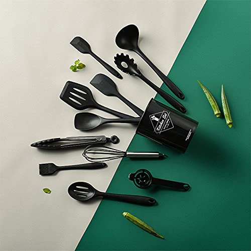 Black Kitchen Utensils Set-12 Pieces Silicone Cooking Utensils Set | Dishwasher Safe 392°F Heat Resistant Spatula Set Kitchen Utensil Set for Nonstick Cookware,Best Kitchen Tools with Holder - color: Black