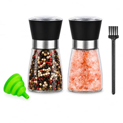 Premium Salt and Pepper Grinder Set of 2, 6 oz Refillable Glass Salt and Pepper Shakers with Adjustable Ceramic Grinder, Manual Pepper Mill Set Includes Funnel & Cleaning Brush, Transparent Lid - color: Black, size: 2.6"W x 5"H