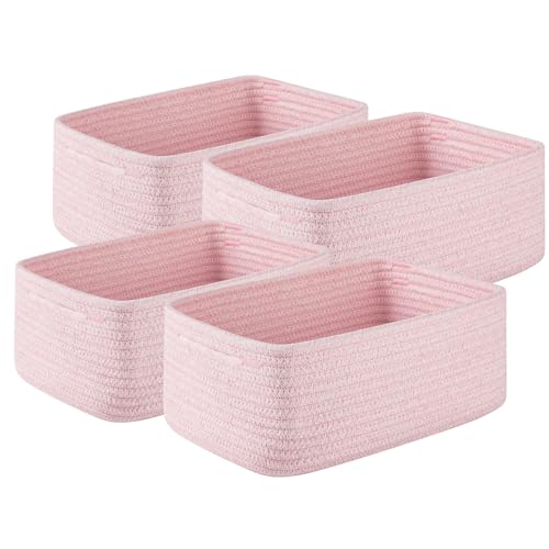 OIASKET 4 Pack Small Storage Shelf Baskets for Organizing, Mini Woven Rope Storage Bins for Towels, Cute Decorative Closet Organizer，Baby Nursery, Gift Empty Baskets -11.81''Lx7.87''Wx4.72''H-Pink - color: Pink, size: 11.81"Lx7.87"Wx4.72"H