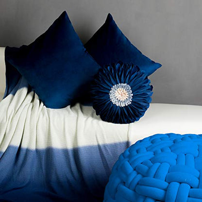 JWH Flower Velvet Throw Pillow Covers Aeshtetic Decorative 3D Sunflower Accent Pillow Case Round Pillowcase Handmade Cushion for Living Room Bed Couch Home 12 Inch Navy Blue