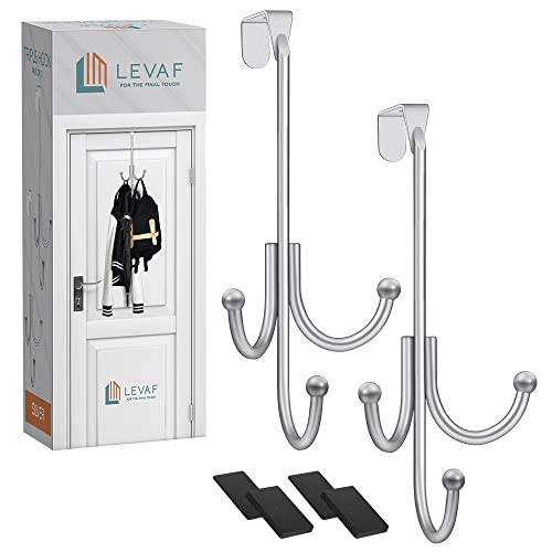 2-Pack Over The Door Hook - with 3 Hang Heads & Snug Fit Pads- 2Pcs Heavy Duty Hooks for Hanging Coats, Towels, Caps & Robes - Elegant Matt Finish - No Drill Hanger Organizer - Silver - color: Silver, size: 3 Heads