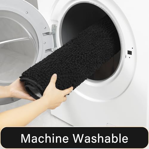 LOCHAS Bathroom Rugs Sets 2 Piece, 20''x20'' & 34''x21'', Black | Non Slip U-Shaped Toilet Rug, Chenille Washable Absorbent, Soft Bath Mat Set for Shower, Sink - color: Black