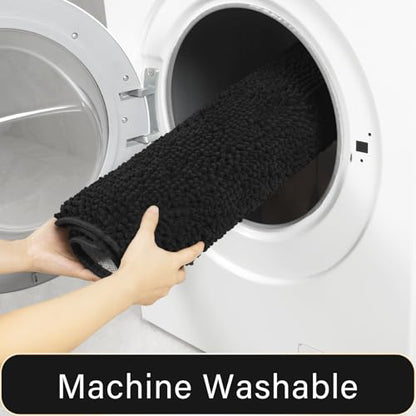 LOCHAS Bathroom Rugs Sets 2 Piece, 20''x20'' & 34''x21'', Black | Non Slip U-Shaped Toilet Rug, Chenille Washable Absorbent, Soft Bath Mat Set for Shower, Sink - color: Black