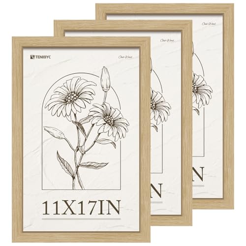 11x17 Picture Frame 3 Pack, Natural Oak Wood Poster Frame, HD Tempered Glass, Wall Hanging - color: Oak, size: 11 X 17, style: 3 Pack