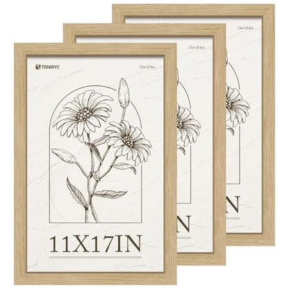 11x17 Picture Frame 3 Pack, Natural Oak Wood Poster Frame, HD Tempered Glass, Wall Hanging - color: Oak, size: 11 X 17, style: 3 Pack
